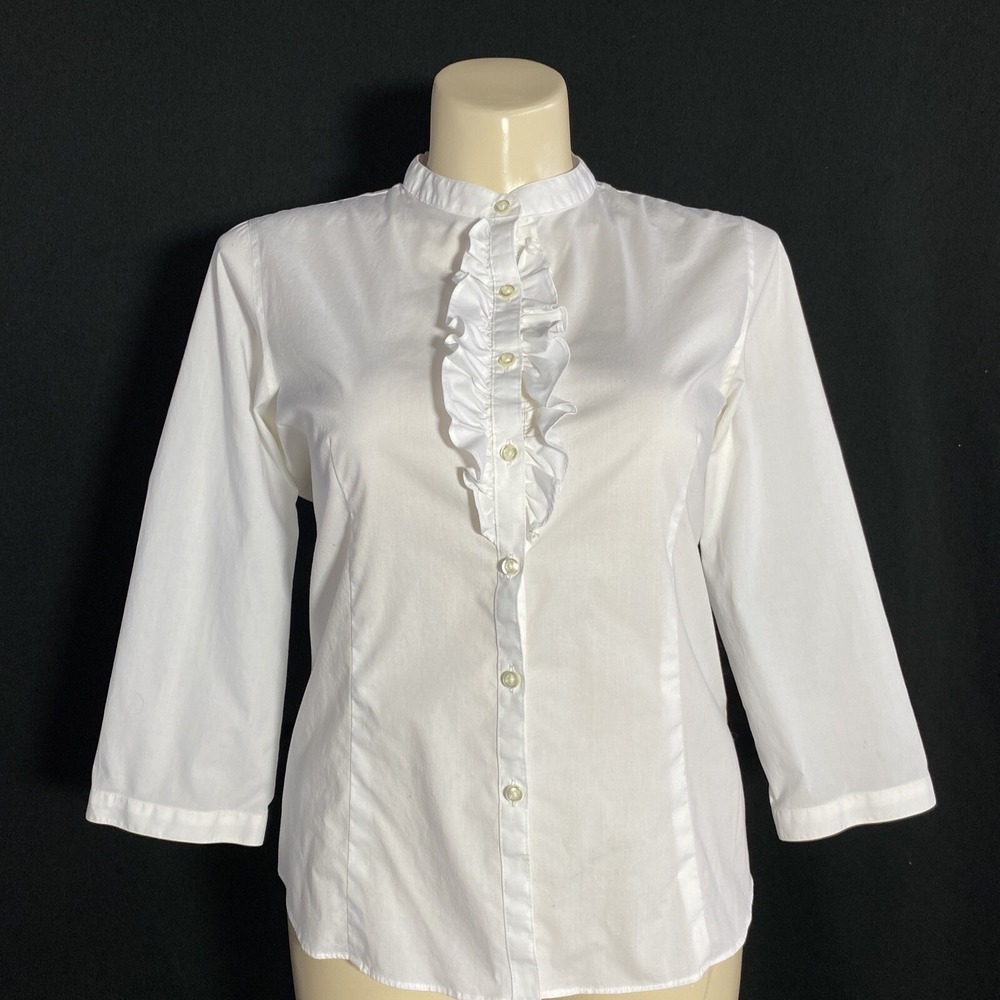 Lands End Shirt Womens 18 White 3/4 Sl Ruffle Button Down Work Washable No Iron